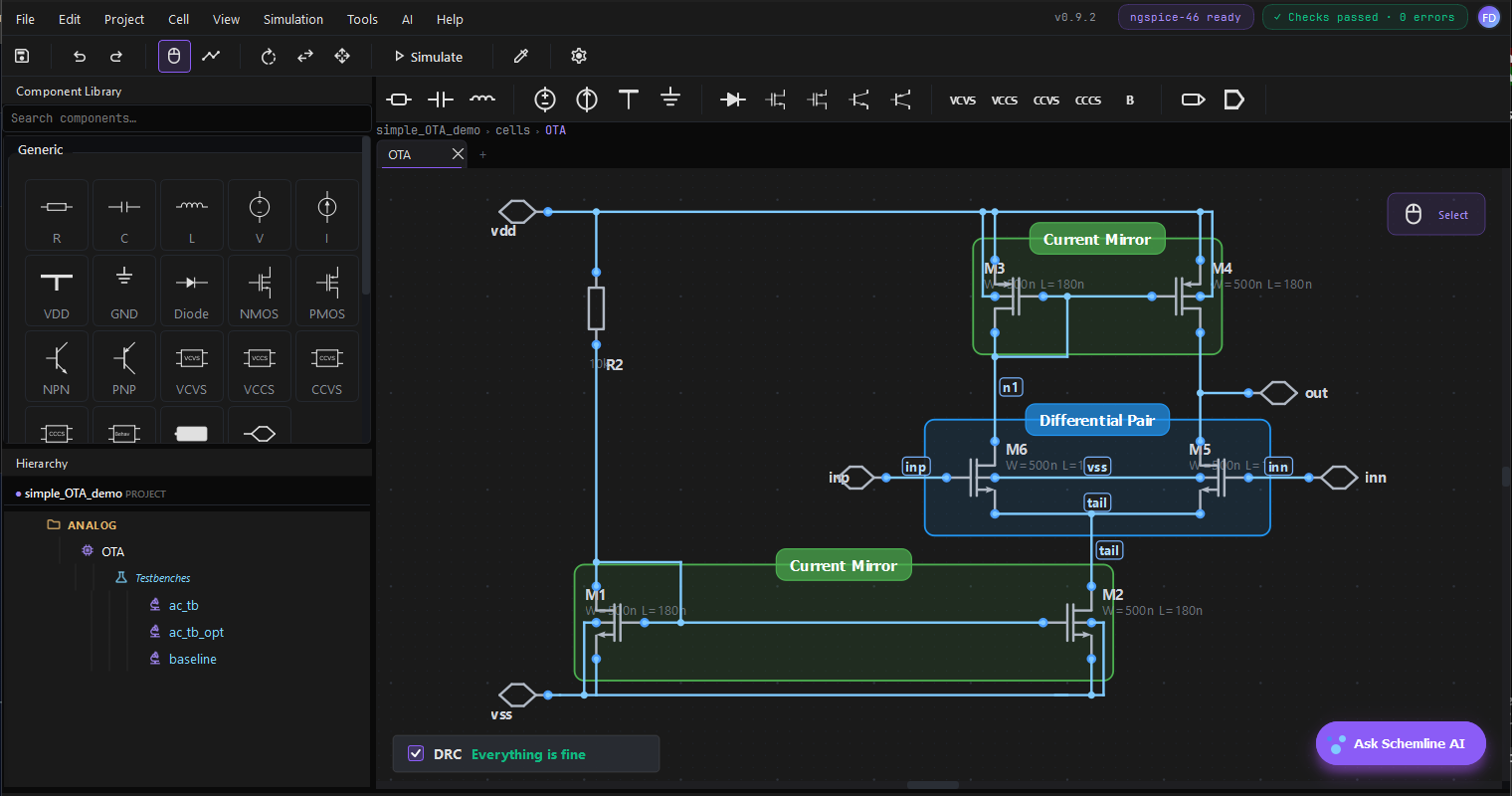 Schemline schematic editor with AI circuit topology detection
